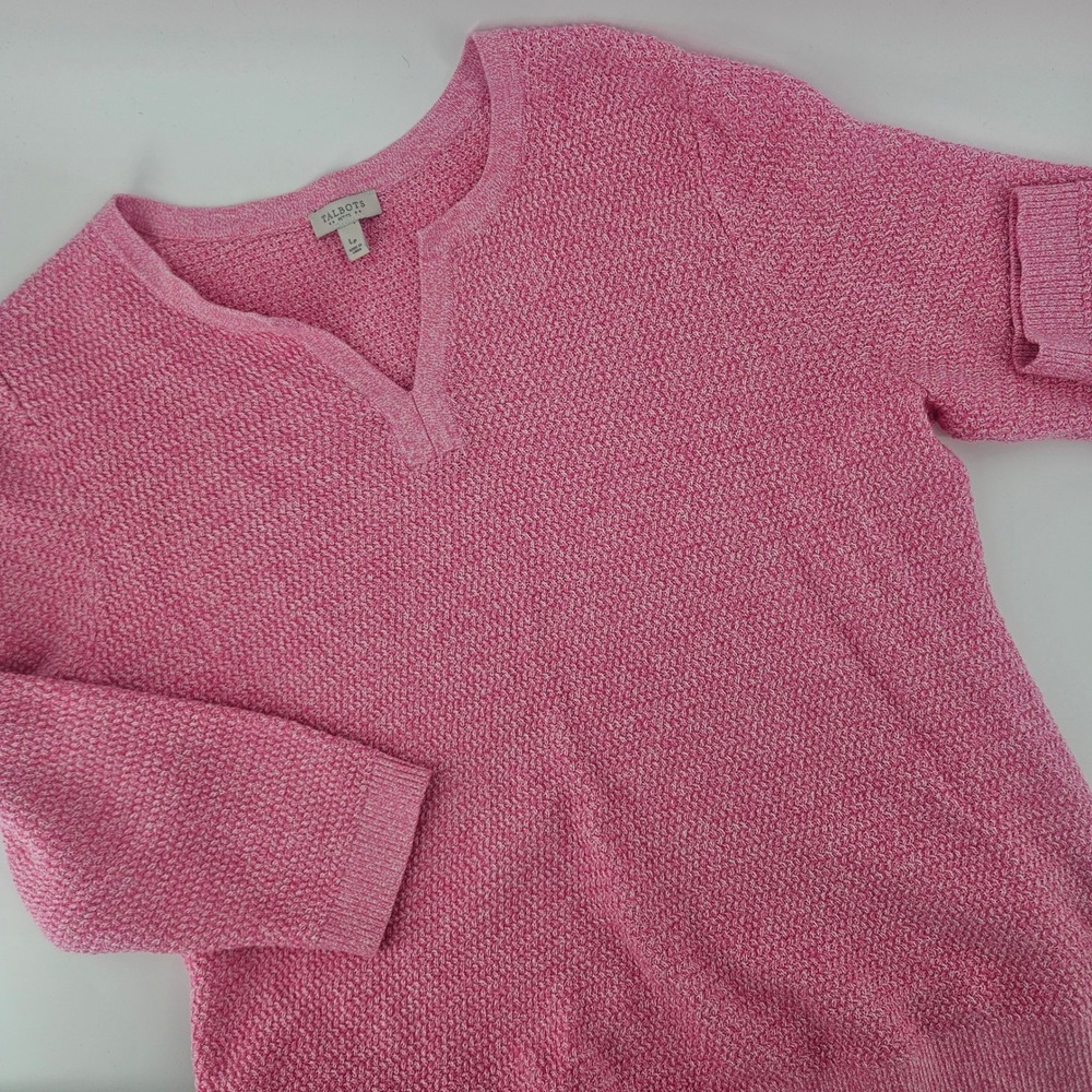 Talbots Petite Women LP Sweater Pink Cotton 3/4 Sleeve Split Neck Classic Knit